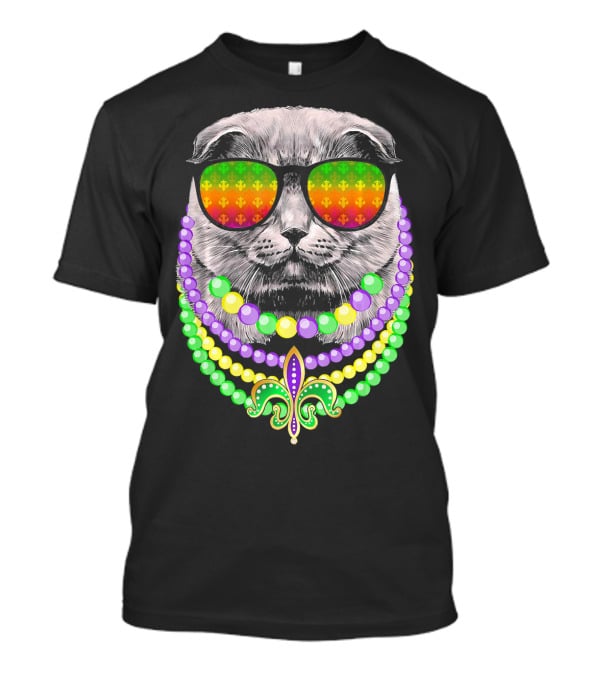 Mardi Gras Cat In Sunglasses With Beads And Fleur-de-Lis T-Shirt