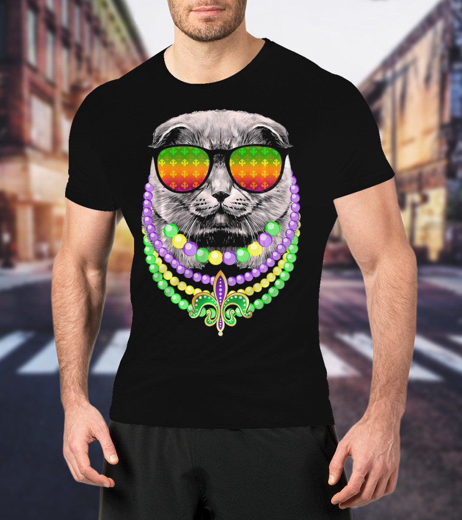 Mardi Gras Cat In Sunglasses With Beads And Fleur-de-Lis T-Shirt