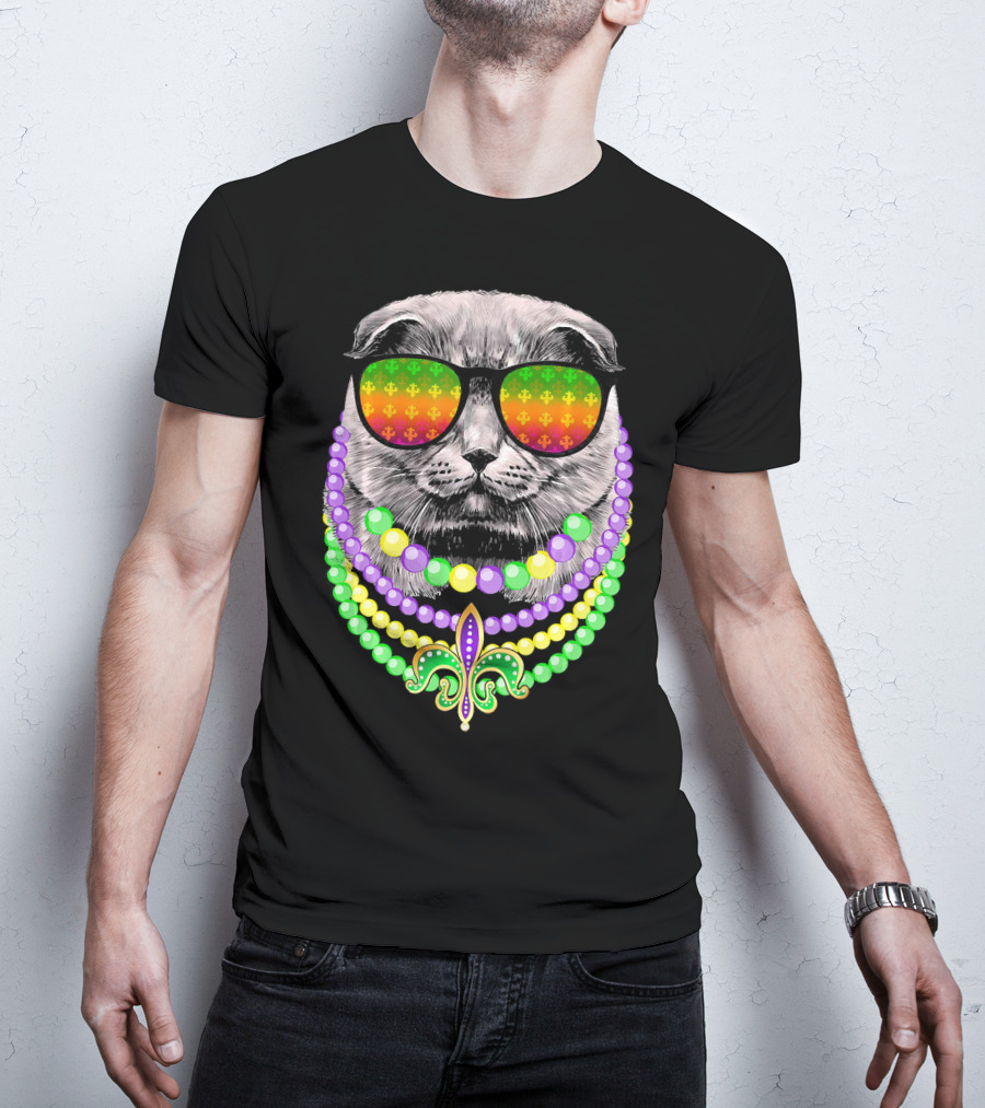 Mardi Gras Cat In Sunglasses With Beads And Fleur-de-Lis T-Shirt