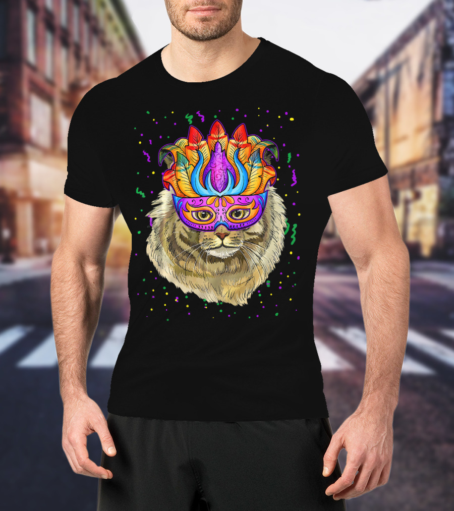 Mardi Gras Maine Coon Cat Colorful Mask Beads Festive T-Shirt