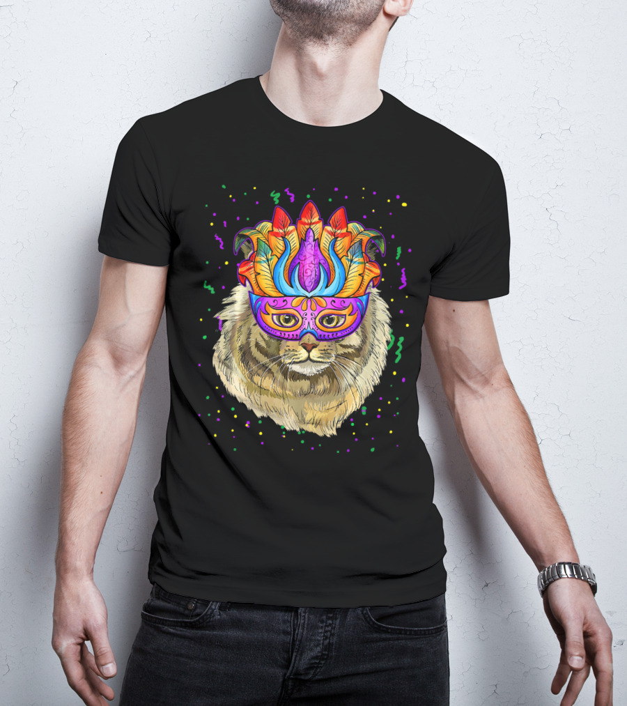 Mardi Gras Maine Coon Cat Colorful Mask Beads Festive T-Shirt