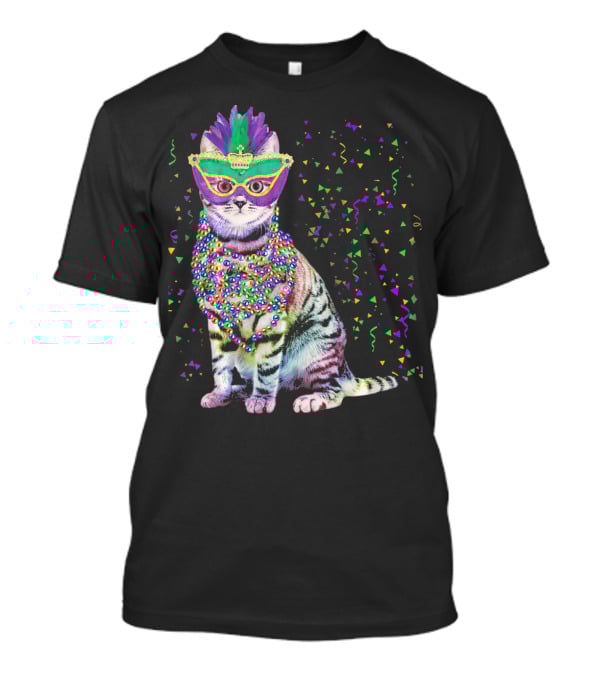 Cat Mardi Gras Beads Confetti Mask T-Shirt