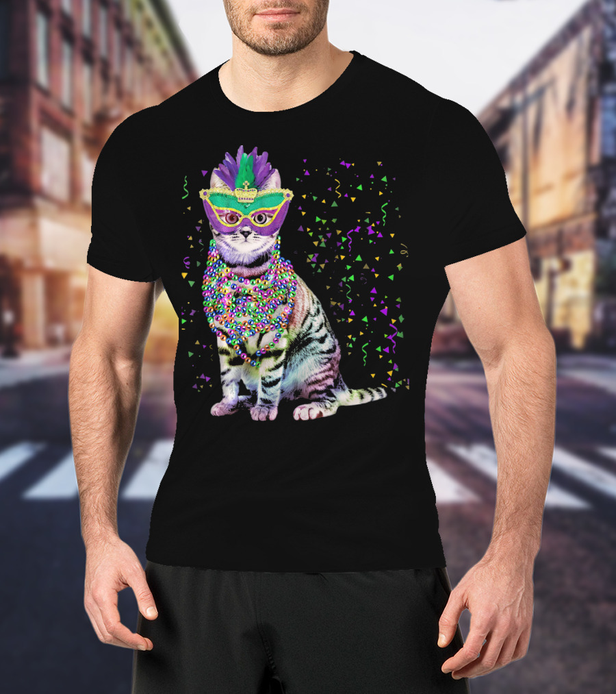 Cat Mardi Gras Beads Confetti Mask T-Shirt