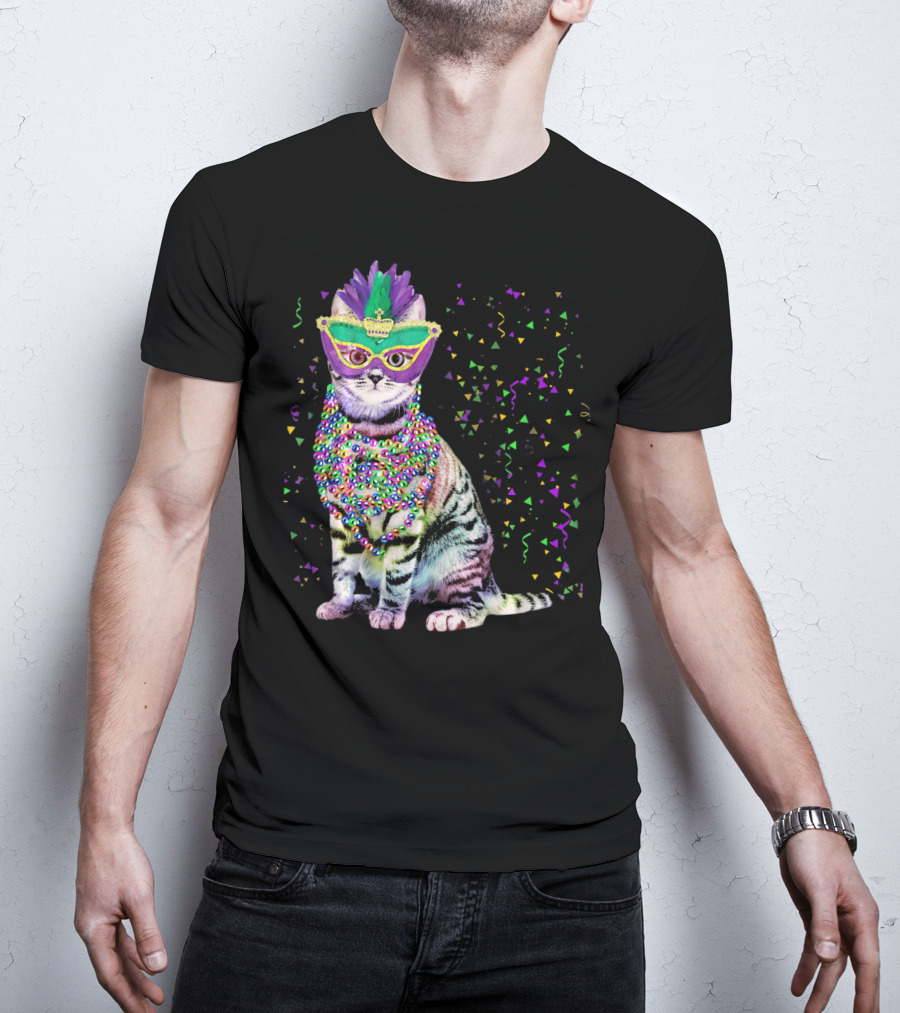 Cat Mardi Gras Beads Confetti Mask T-Shirt