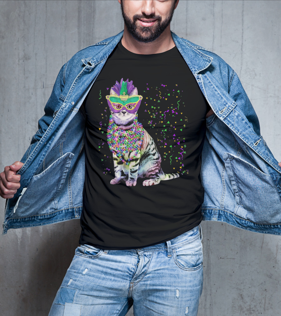Cat Mardi Gras Beads Confetti Mask T-Shirt