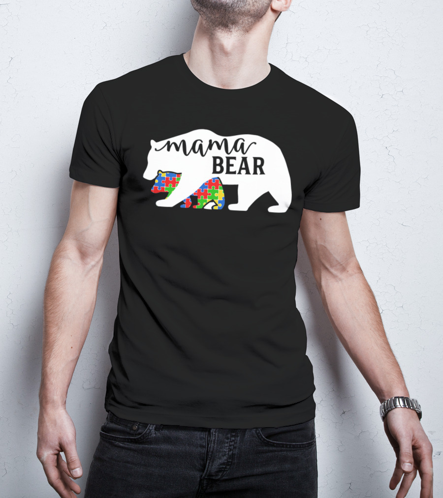 Mama Bear Autism Awareness Month Puzzle Silhouette Fam T-Shirt