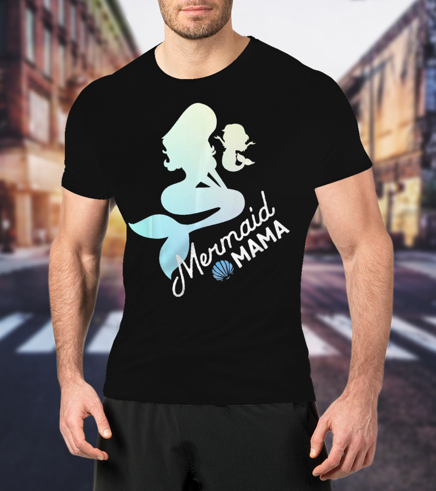 Mermaid Mama Sea Lover With Baby Silhouette And Shell T-Shirt