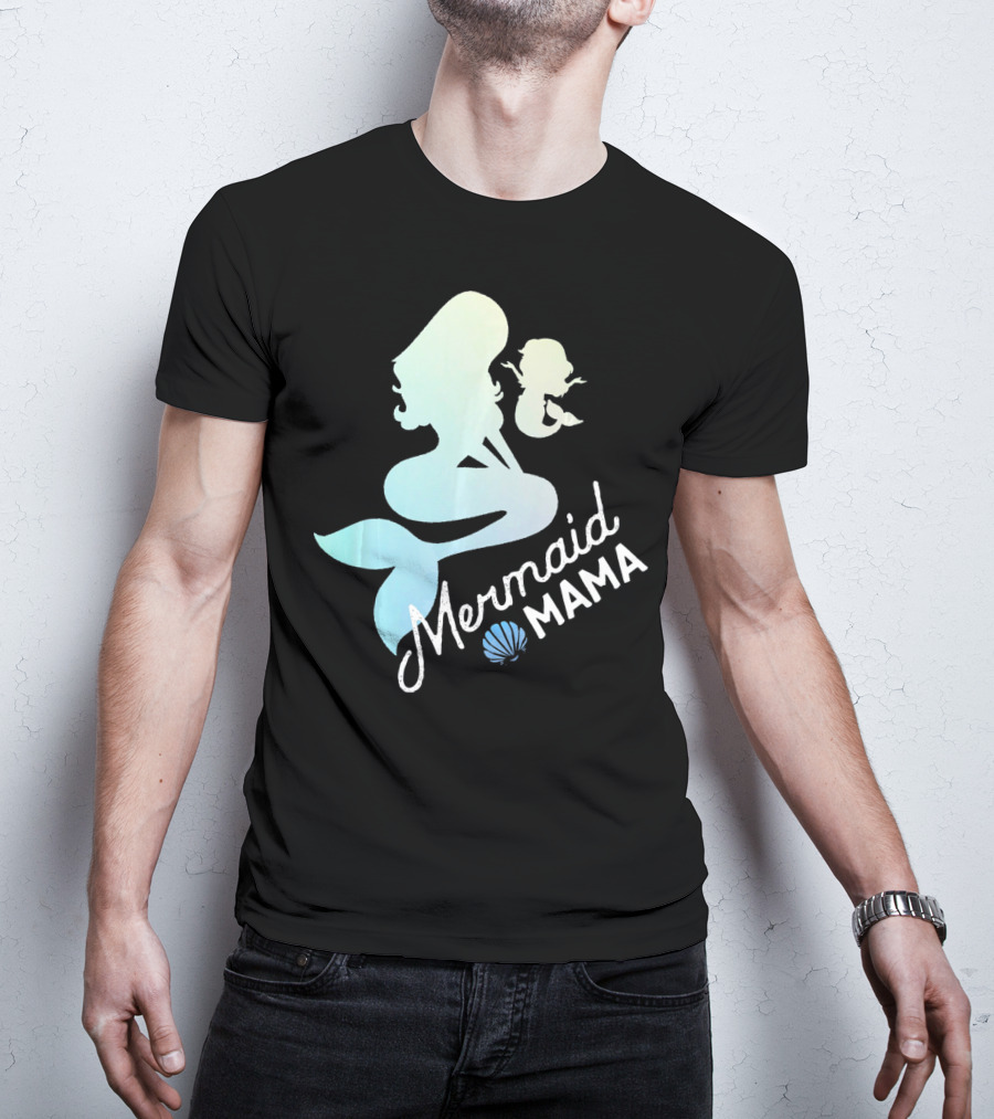 Mermaid Mama Sea Lover With Baby Silhouette And Shell T-Shirt