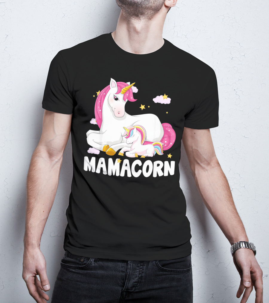 Mamacorn Unicorn New Mom Baby Momm With Stars And Clouds T-Shirt