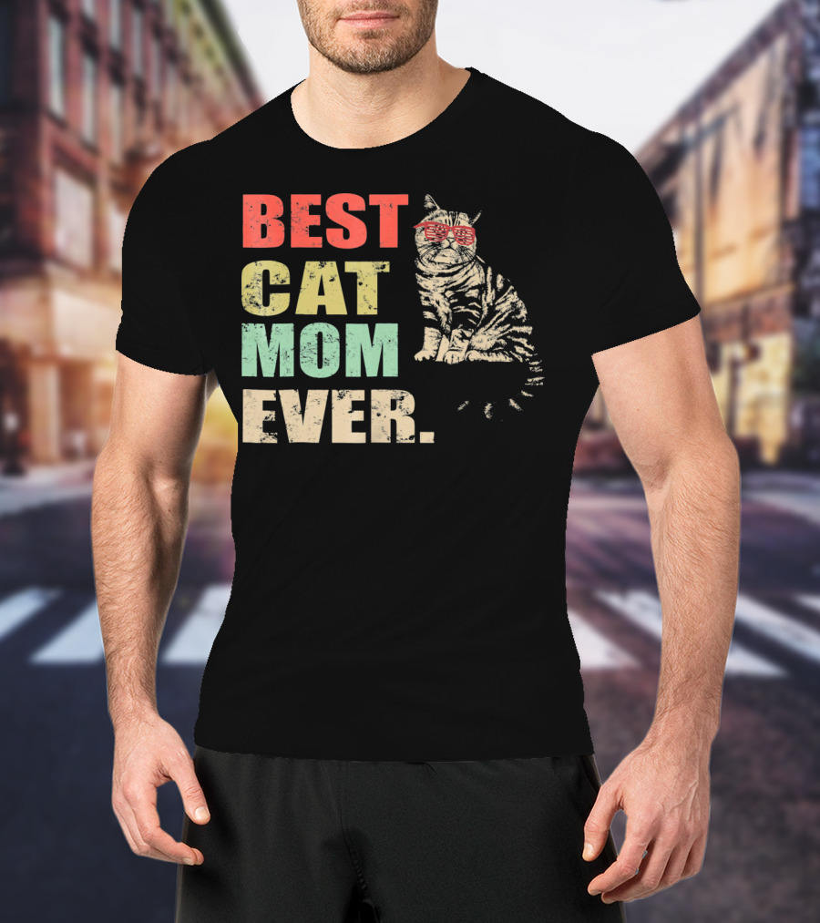 Best Cat Mom Ever Retro Cool Cat Design Matching Family T-Shirt
