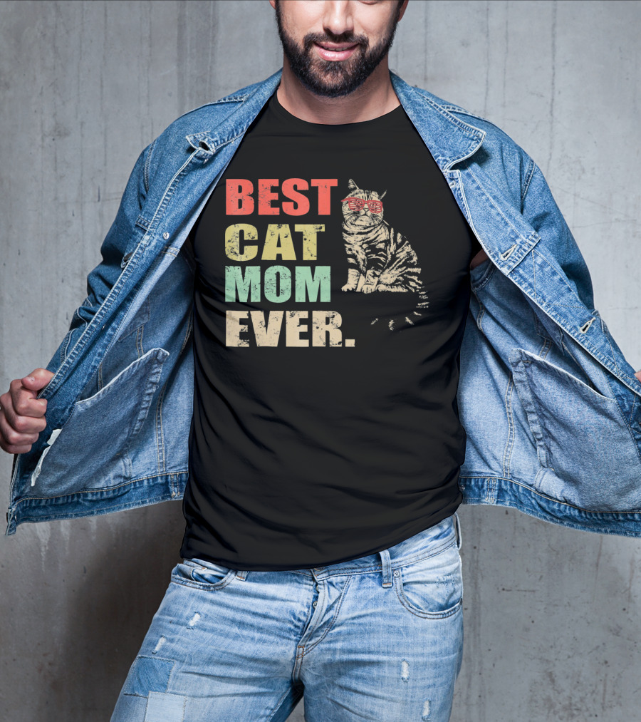 Best Cat Mom Ever Retro Cool Cat Design Matching Family T-Shirt