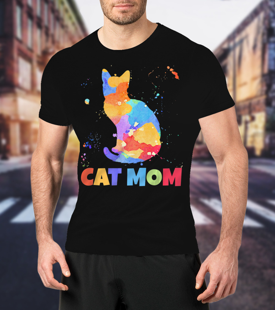 CAT MOM Colorful Watercolor Silhouette With Splash T-Shirt
