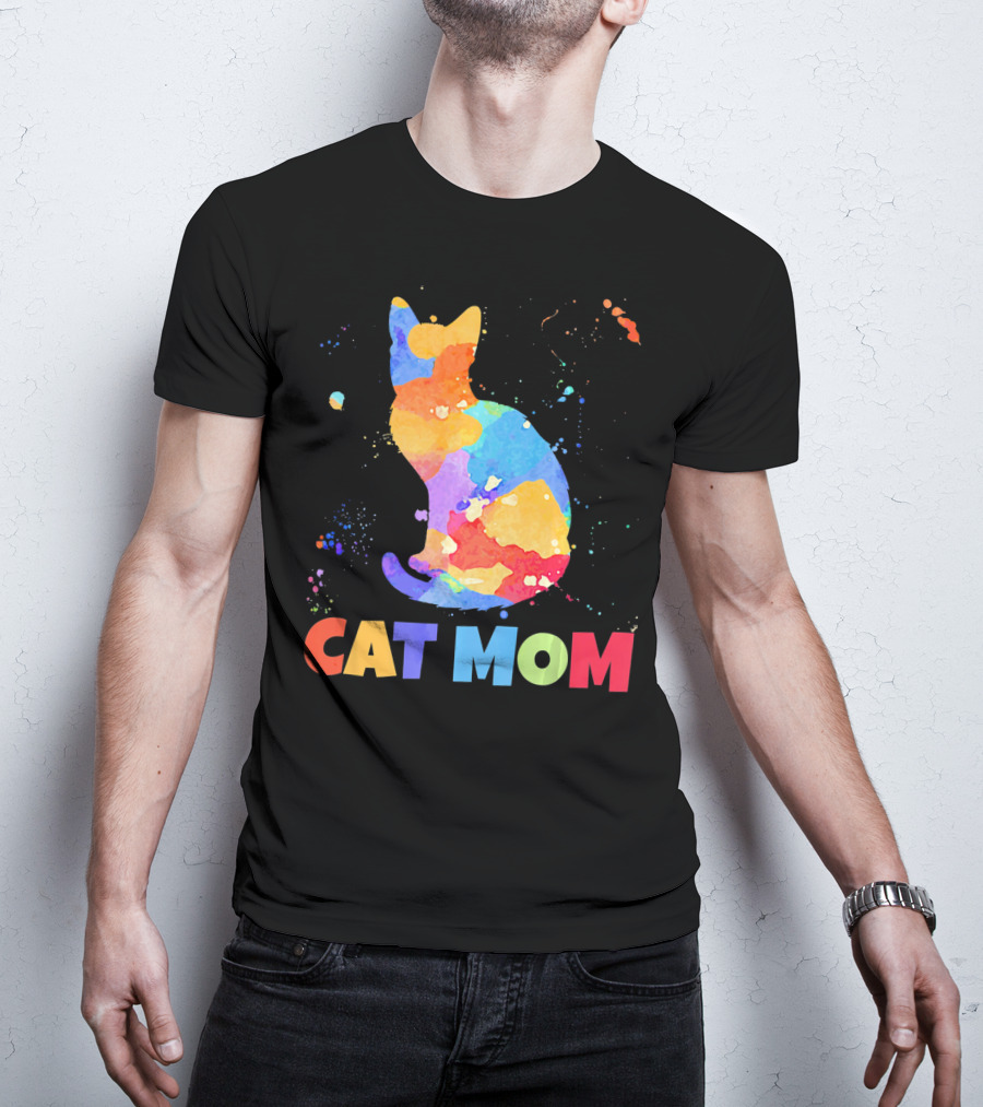 CAT MOM Colorful Watercolor Silhouette With Splash T-Shirt