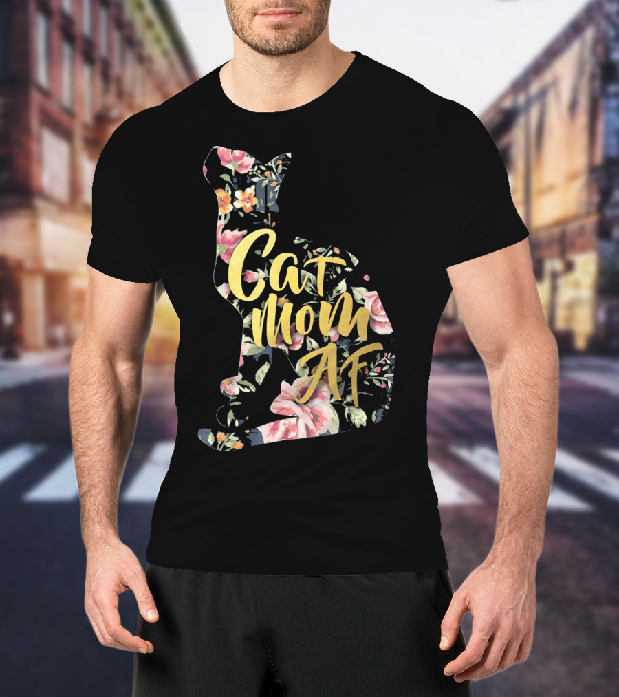 Cat Mom AF Floral Pattern Cat Shape T-Shirt