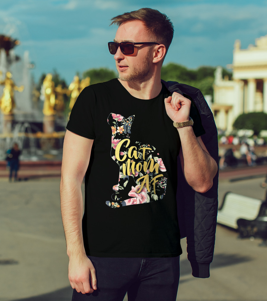 Cat Mom AF Floral Pattern Cat Shape T-Shirt