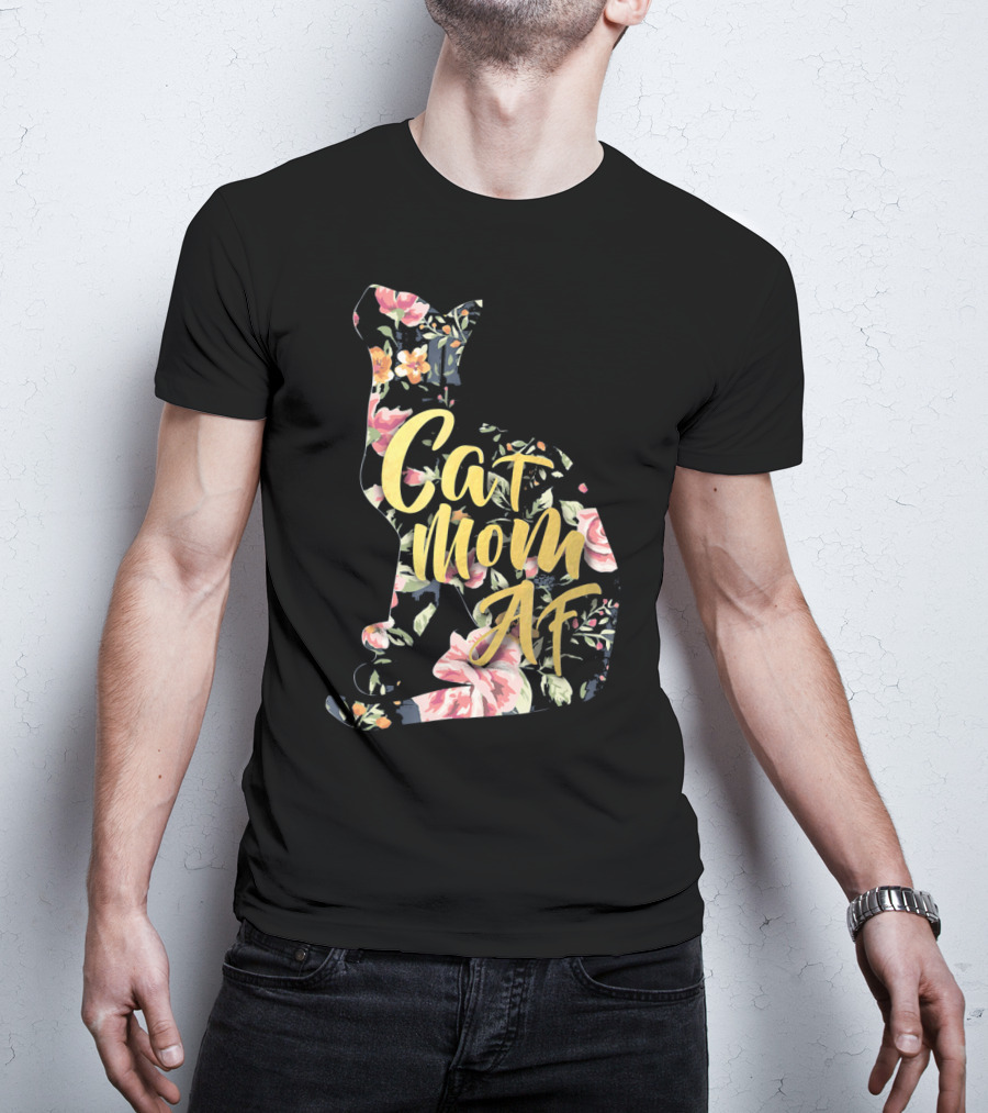 Cat Mom AF Floral Pattern Cat Shape T-Shirt