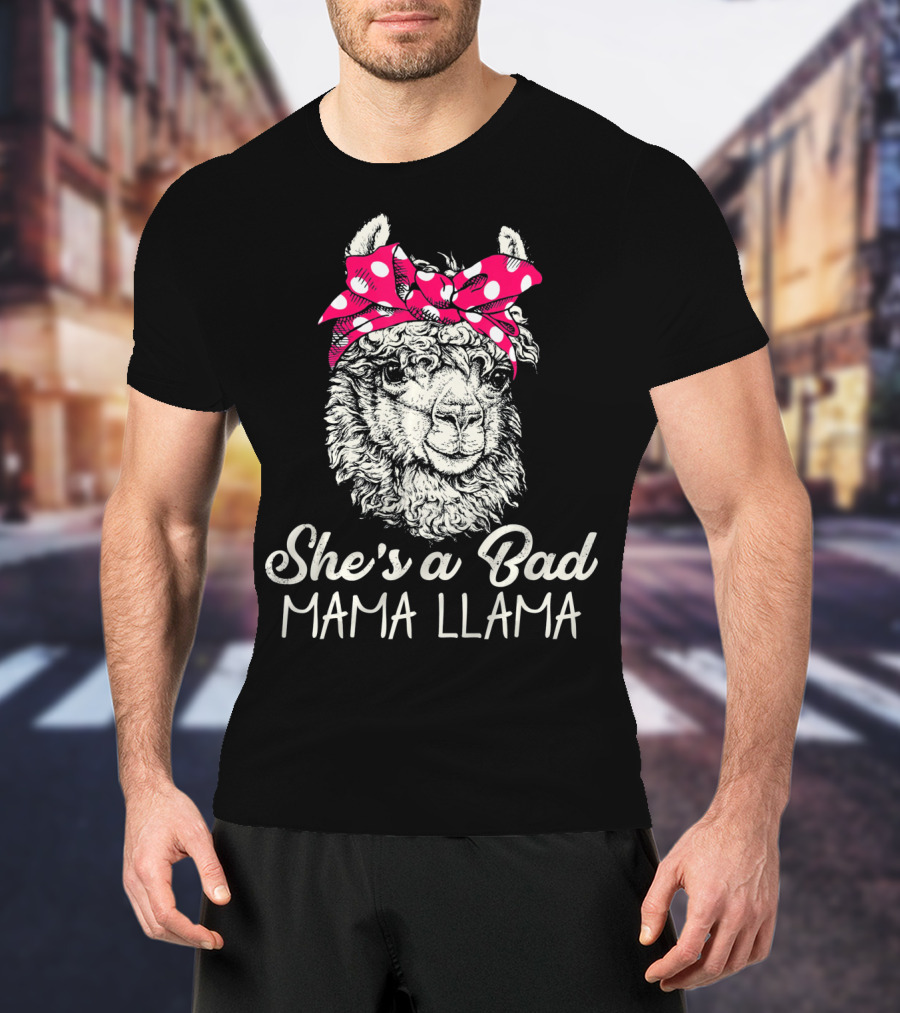 She's A Bad Mama Llama Retro Illustration With Red Polka Dot Headband T-Shirt