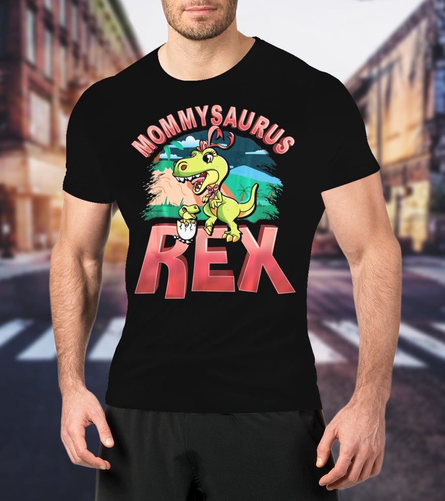 Mommysaurus Rex Dinosaur With Baby Egg In Prehistoric Landscape T-Shirt