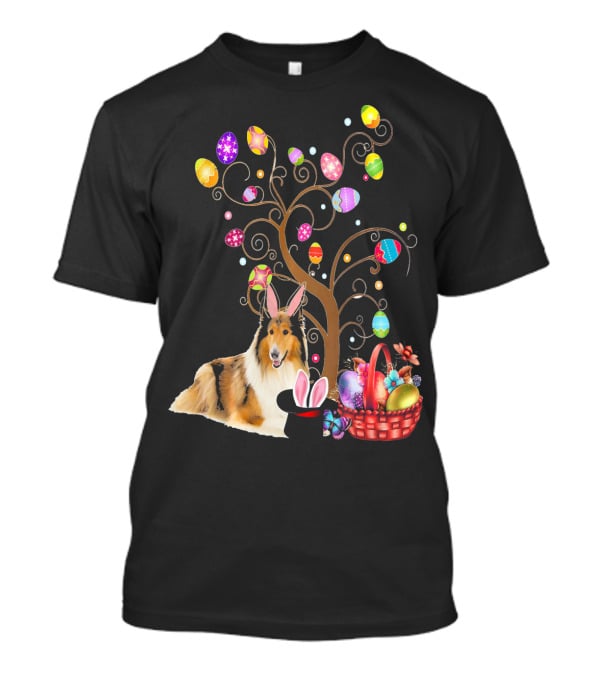 Bunny Rough Collie Easter Day Hunting Eggs Basket Tree T-Shirt