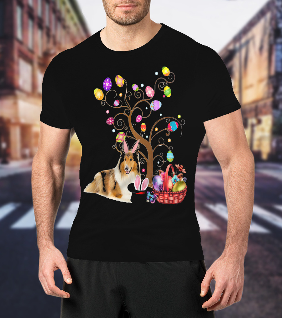 Bunny Rough Collie Easter Day Hunting Eggs Basket Tree T-Shirt