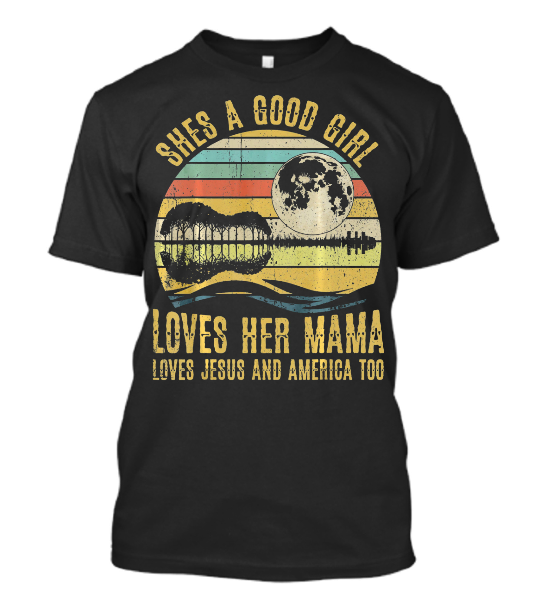 She's A Good Girl Loves Her Mama Loves Jesus And America Too Retro Acoustic Guitar Moon T-Shirt