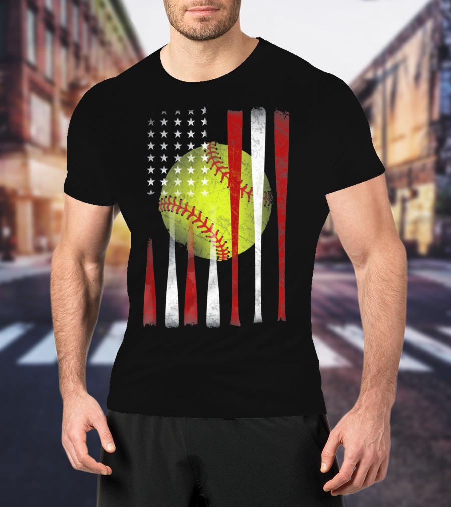 American Flag Vintage Softball Bats Stars Baseball T-Shirt