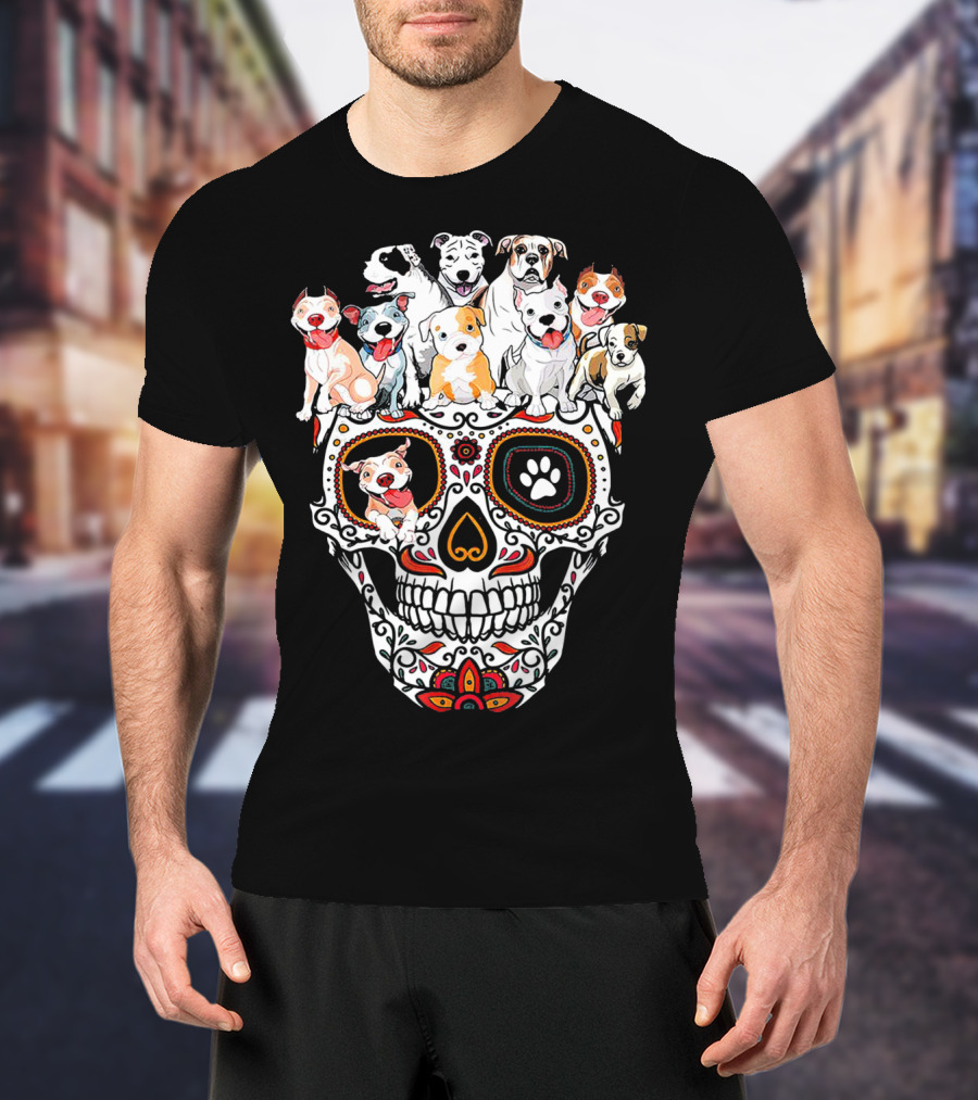 Pitbull Mom Sugar Skull Funny Canine Compilation T-Shirt