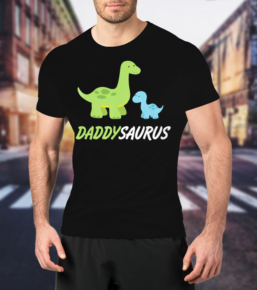 Daddysaurus Cute Sweet Daddy Family With Green Blue Dinosaurs T-Shirt