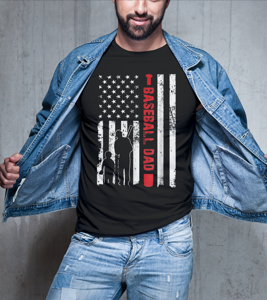 Mens Proud Baseball Dad American Flag Vertical Silhouette And Stars T-Shirt