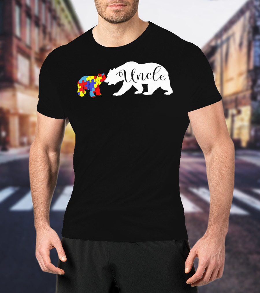 Uncle Bear With Autism Puzzle Bear Design For Awareness Month T-Shirt