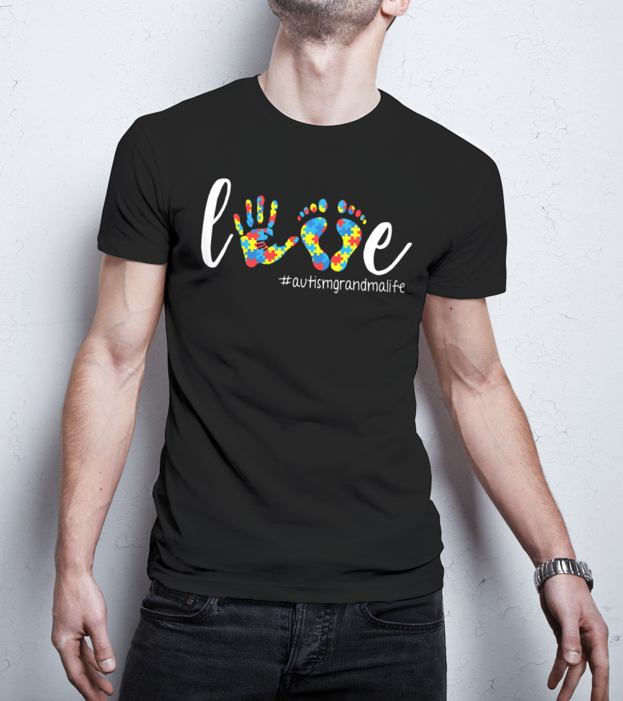 Love Autism Grandma Life Handprint Footprint Puzzle T-Shirt