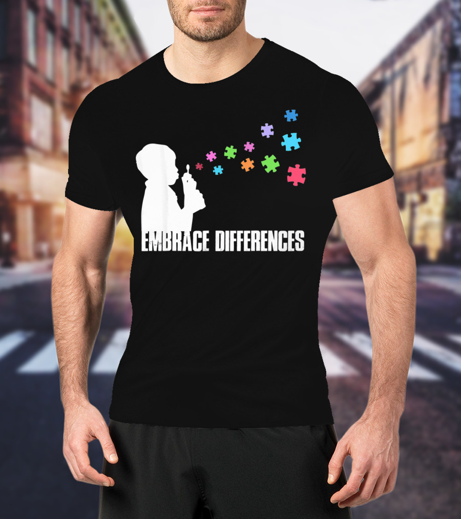 Embrace Differences Support Auti Autism Puzzle Pieces Bubbles T-Shirt