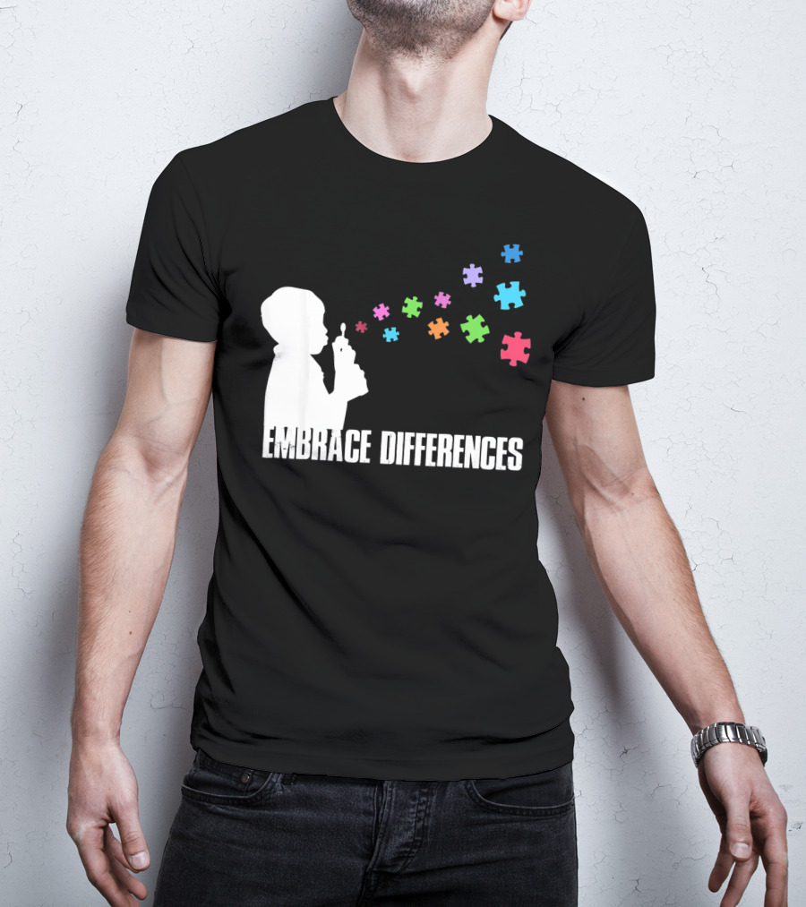 Embrace Differences Support Auti Autism Puzzle Pieces Bubbles T-Shirt