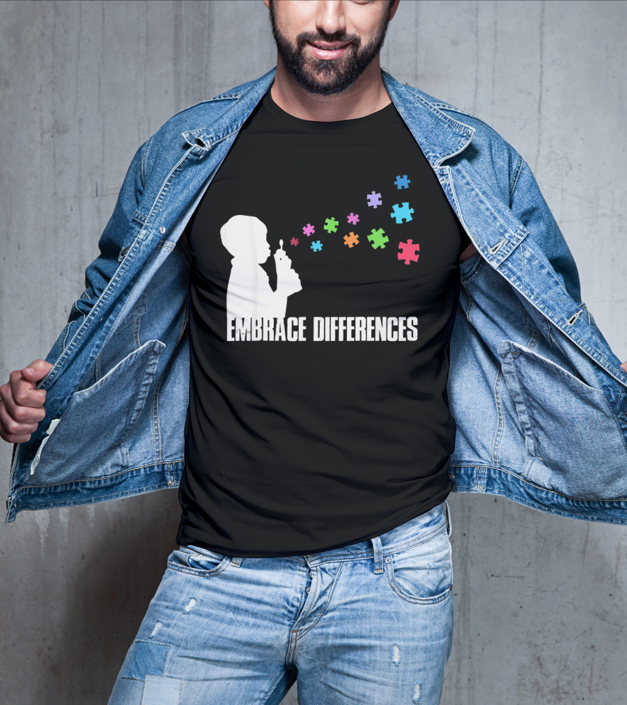 Embrace Differences Support Auti Autism Puzzle Pieces Bubbles T-Shirt