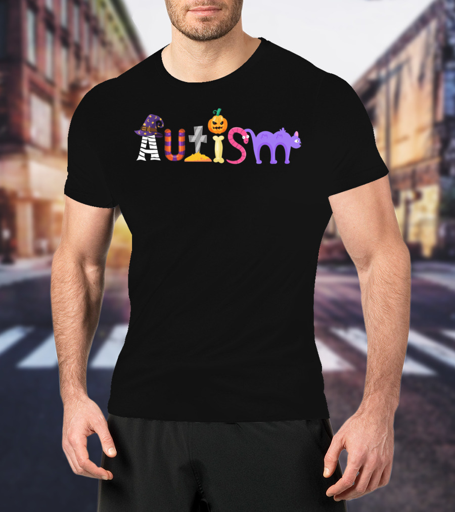 Autism Halloween Witch Hat Pumpkin Grave Cat Awareness T-Shirt