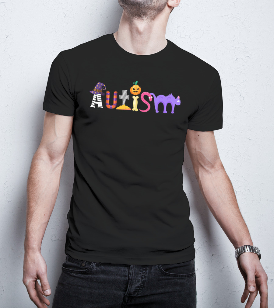 Autism Halloween Witch Hat Pumpkin Grave Cat Awareness T-Shirt