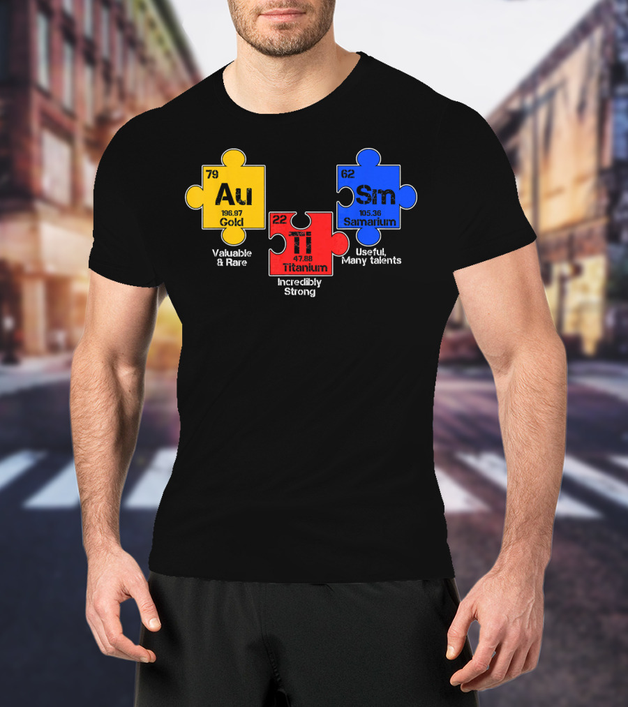 Autism Awareness Day Puzzle Chemical Elements Au Gold Ti Titanium Sm Samarium T-Shirt