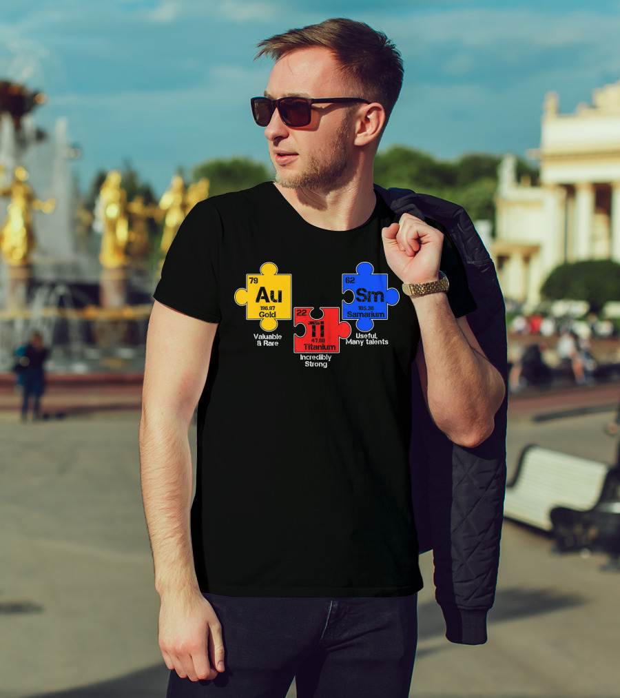 Autism Awareness Day Puzzle Chemical Elements Au Gold Ti Titanium Sm Samarium T-Shirt
