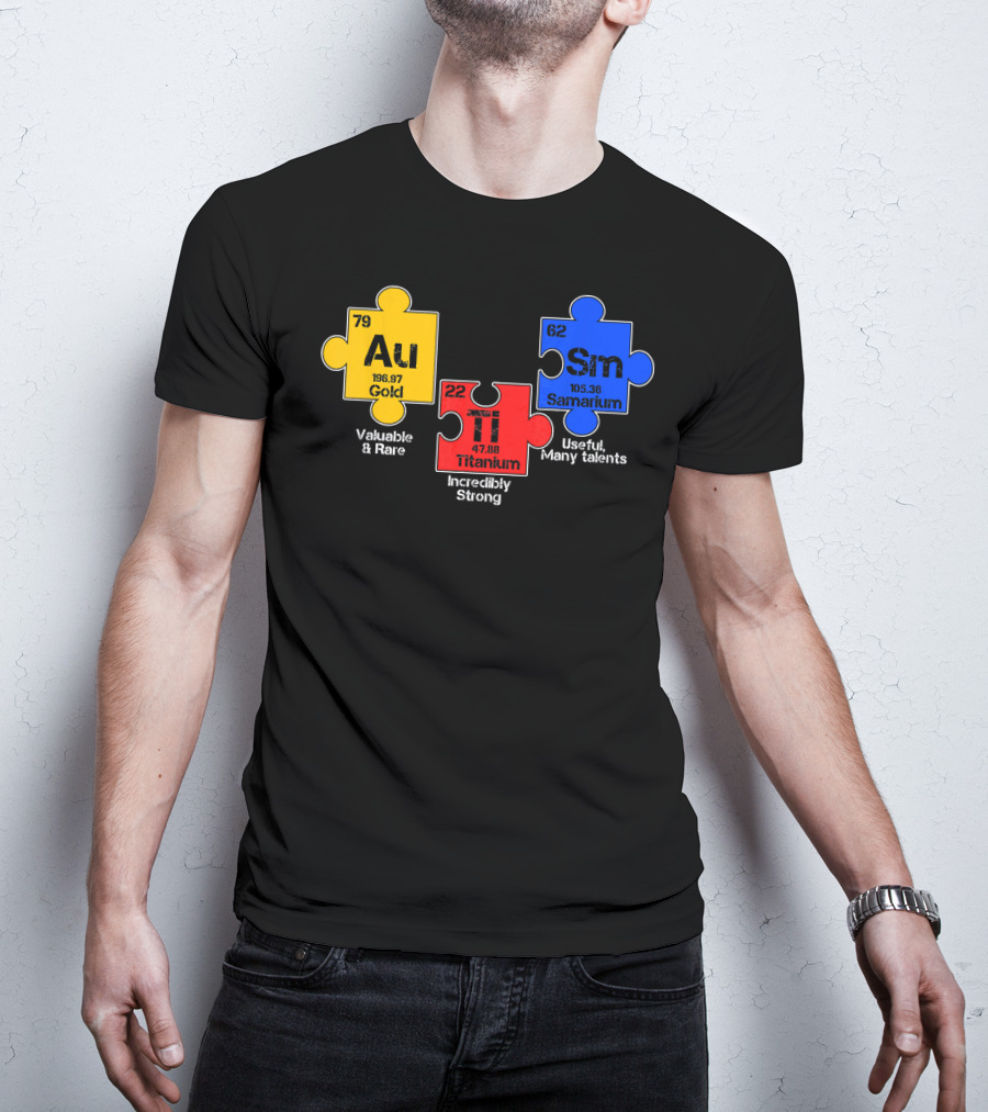 Autism Awareness Day Puzzle Chemical Elements Au Gold Ti Titanium Sm Samarium T-Shirt