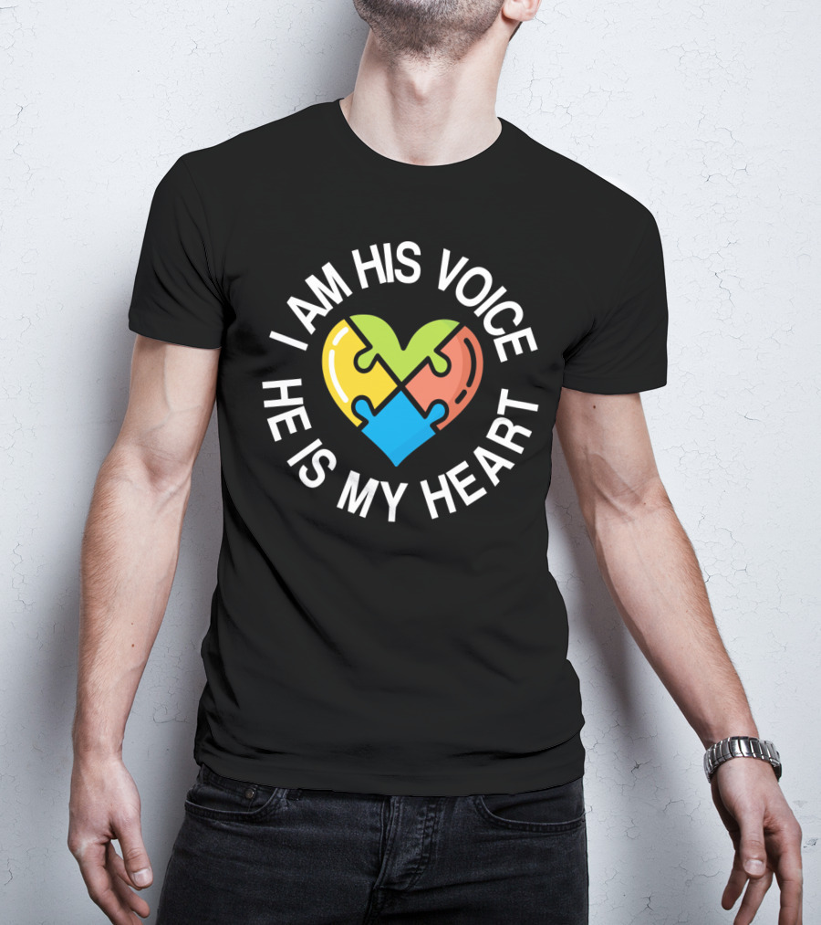I Am His Voice He Is My Heart Autism Awareness Heart Puzzle T-Shirt