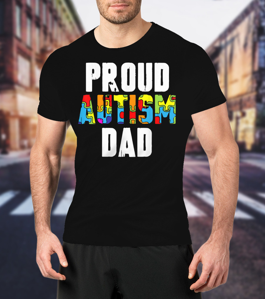 Proud Autism Dad Colorful Puzzle Piece Autism Awareness T-Shirt