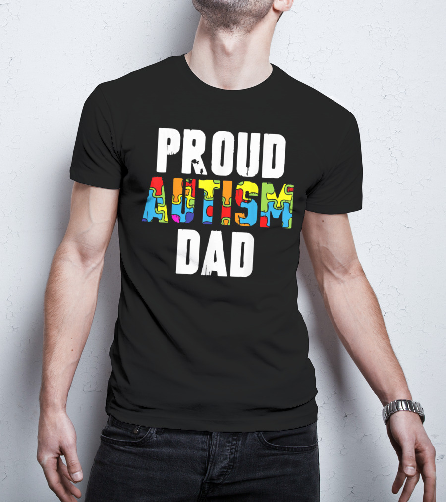 Proud Autism Dad Colorful Puzzle Piece Autism Awareness T-Shirt