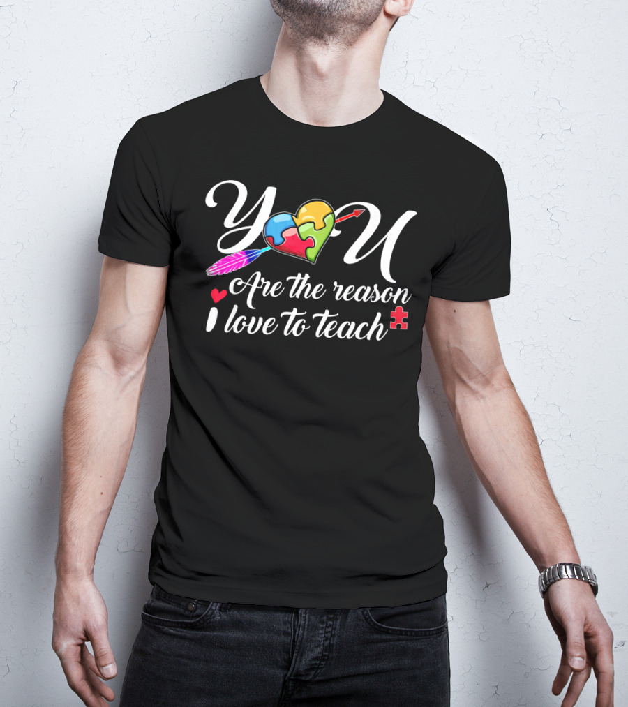 You Are The Reason I Love To Teach Autism Puzzle Heart Arrow Feathers T-Shirt