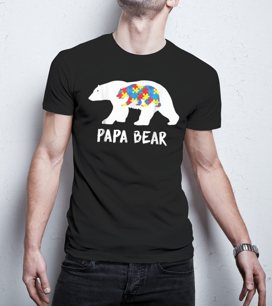 Papa Bear White Bear With Puzzle Bear Autism T-Shirt