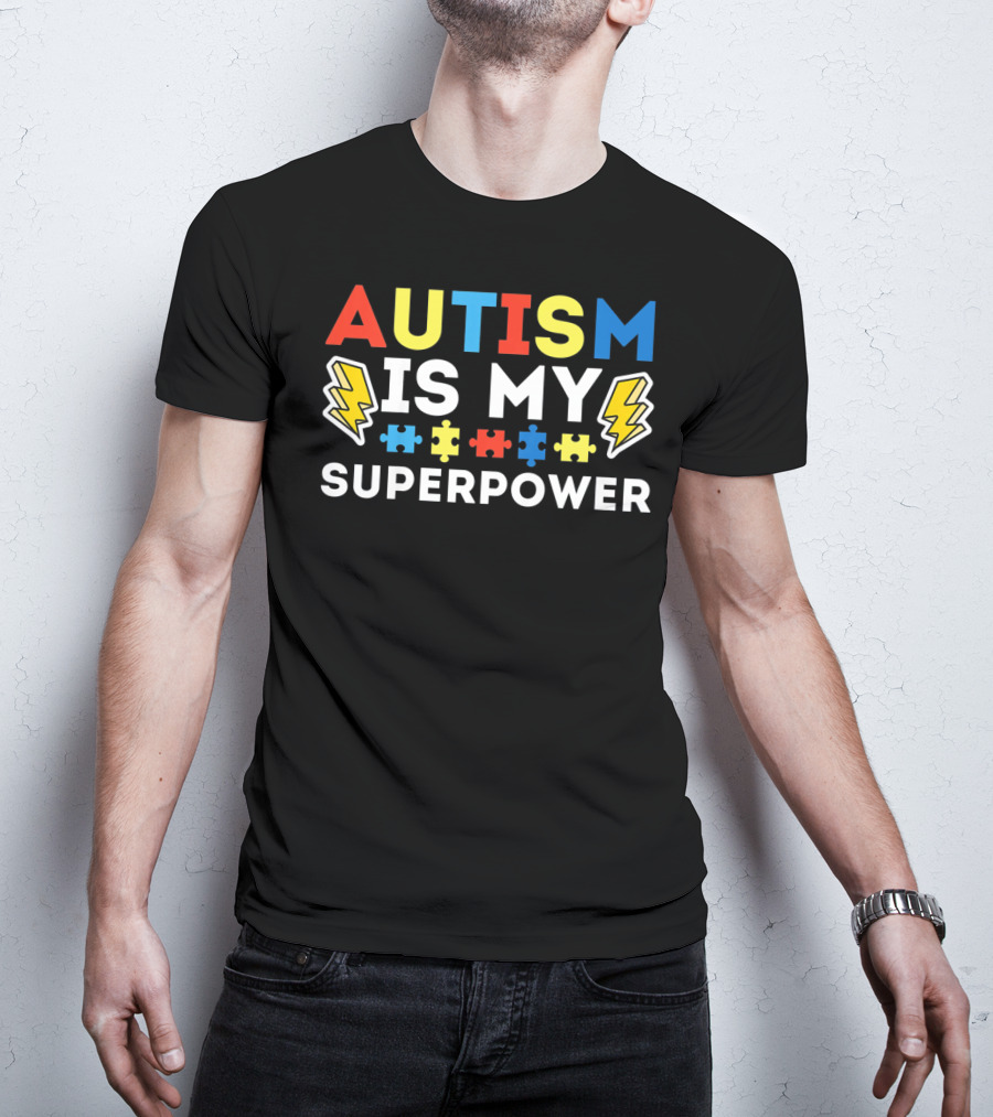Kids Autism Awareness Autism Is My Superpower Puzzle Lightning T-Shirt