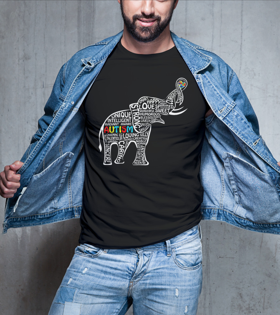 Funny Clever Autism Awareness Elephant Typography T-Shirt