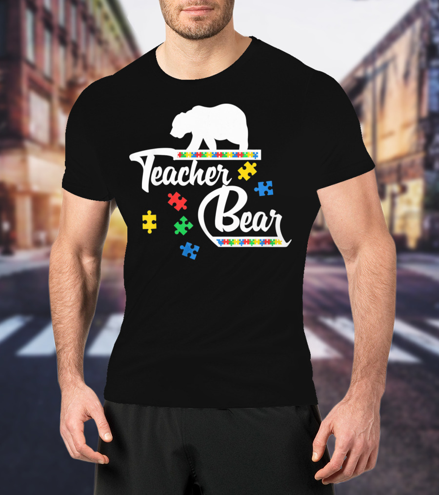 Teacher Bear Autism Awareness Puzzle Pieces T-Shirt