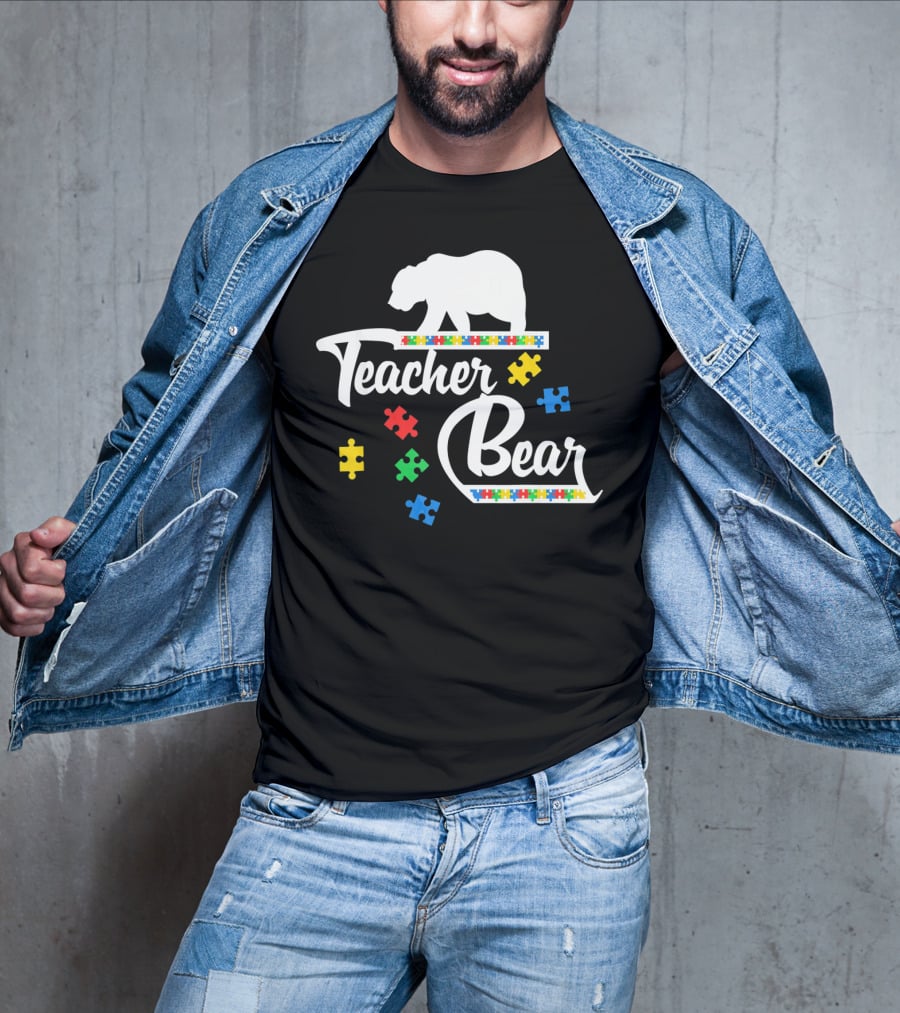 Teacher Bear Autism Awareness Puzzle Pieces T-Shirt