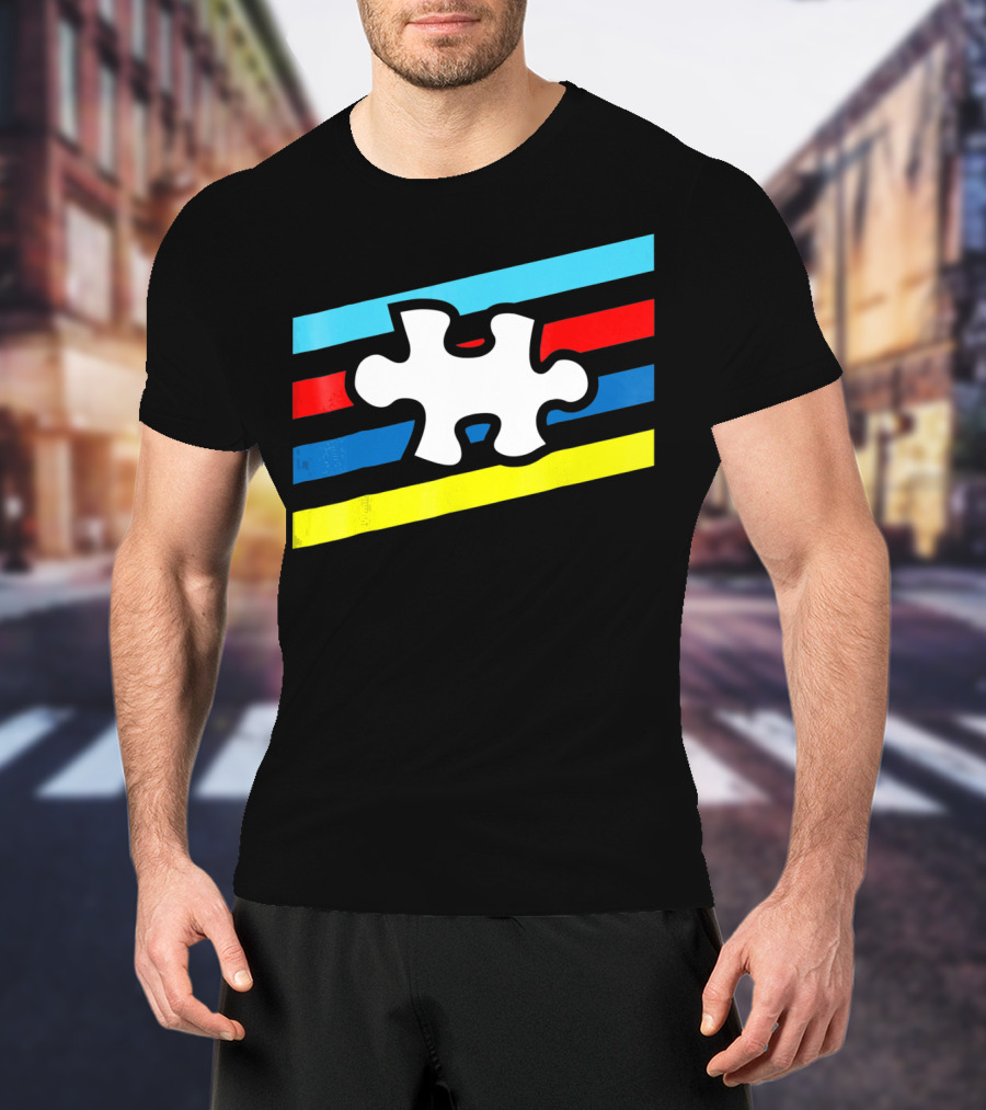 Autism Puzzle Piece Colorful Stripes T-Shirt