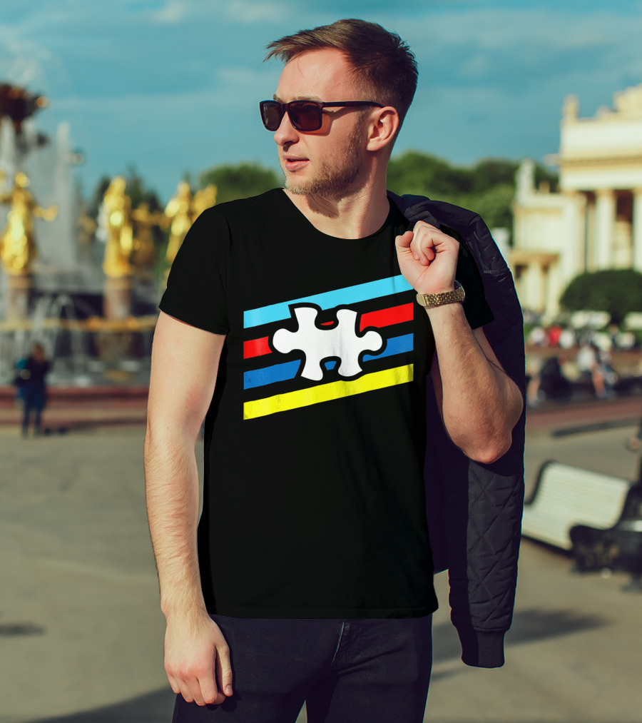 Autism Puzzle Piece Colorful Stripes T-Shirt